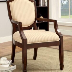 Classic Wooden Armchair with Beige Striped Upholstery – Elegant Accent Chair