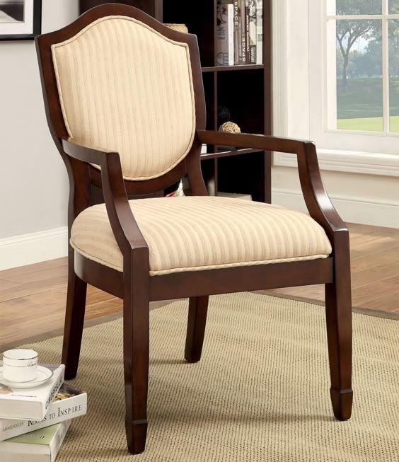 Classic Wooden Armchair with Beige Striped Upholstery – Elegant Accent Chair